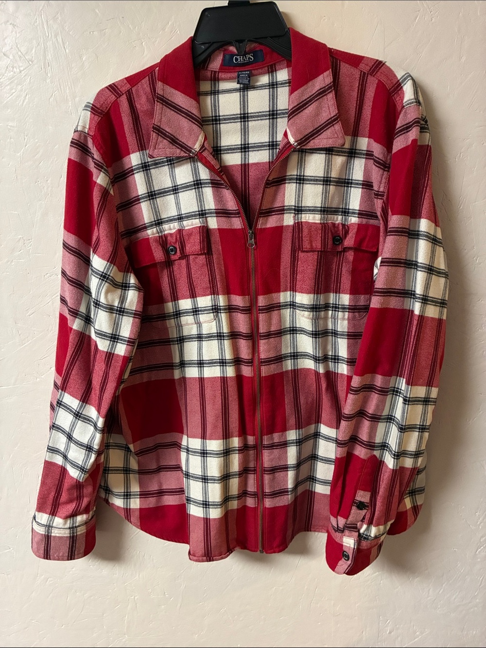 Chaps Red and Cream Plaid Zip-Front Utility Jacket